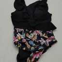 Blooming Jelly Women's Tummy Control Swimsuits Slimming Cute One Piece Bathing Suit Ruffle V Neck Swimwear (Large, Black and Floral)