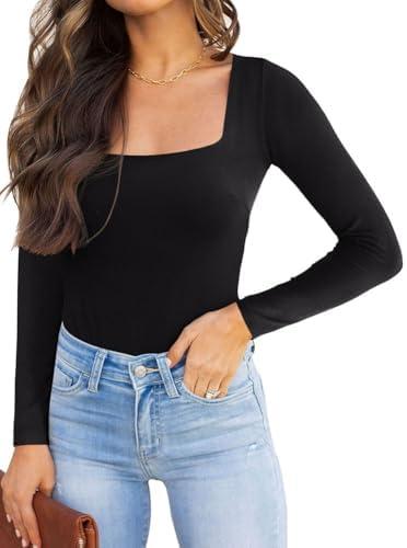 Women Basic Sexy Square Neck Double Lined Long Sleeve Bodysuit Tops Jumpsuits, Black, L