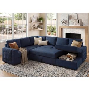 HONBAY Sleeper Sectional Couch with Pull-Out Bed Sectional Sleeper Sofa Pull Out Bed with Storage Chaise, 6 Seaters Couch for Living Room, Velvet Blue, 85.8"D x 111.4"W x 35"H