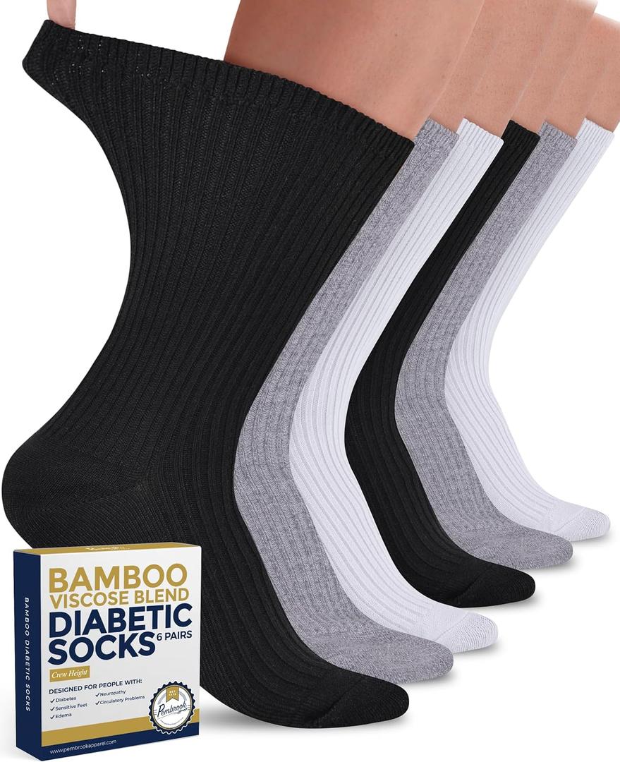 Pembrook Ribbed Knit Bamboo Viscose Diabetic Socks - 6 Pairs Crew Neuropathy Socks for Women | Diabetic Socks for Women (Large, 2 White / 2 Gray / 2 Black - 6 Pairs)