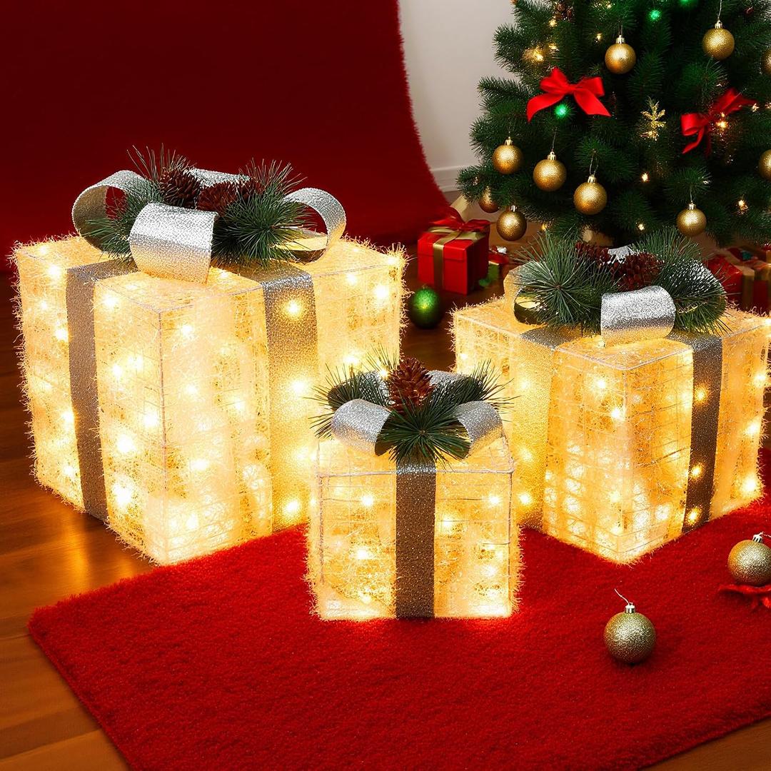Set of 3 Christmas Lighted Gift Boxes LED Light Up White Presents Decorations Pre-lit Tinsel Bow Box Battery Operated Ornament for Xmas Indoor Outdoor Home Holiday (A)