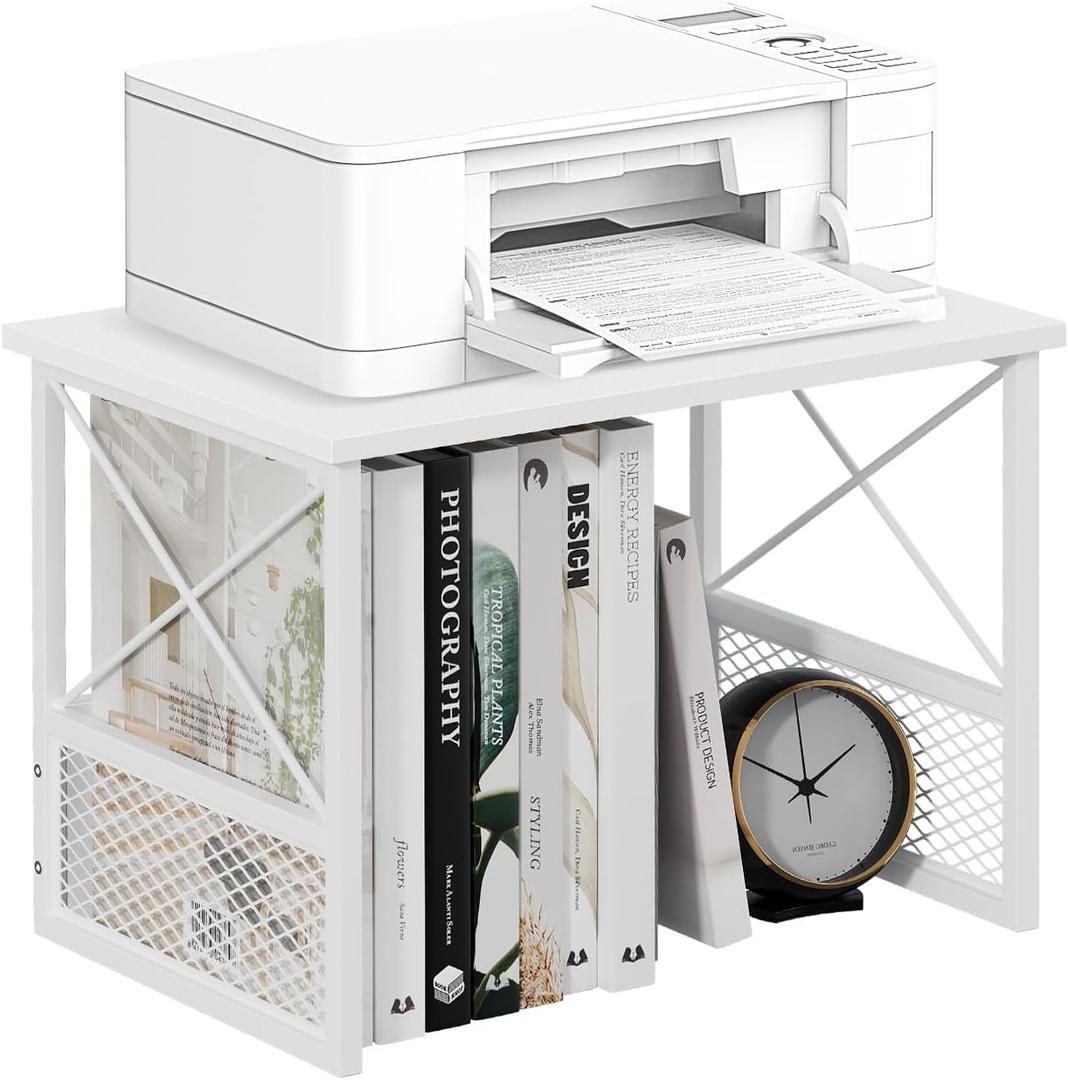 Printer Stand for Desk, Desktop Printer Stand Shelf Organzier for Home Offic, for Above and Under Desk, Fax Machine Copier Scanner, White