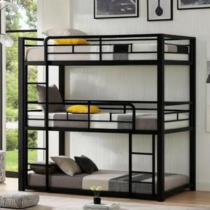 Metal Triple Bunk Bed with Built-in Ladder, Twin Over Twin Over Twin Bunkbeds with Full-Length Guardrail for Kids/Teen/Adults, No Box Spring Needed, Easy Assembly, Black