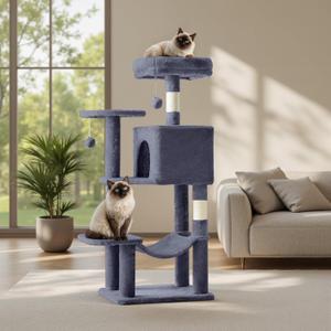 Cat Tree Tower 44 Inch, Small Cat Tower with Condo, Hammock, Sisal Scratching Posts, Extended Perch, Pet Play House for Indoor Kittens and Cats, Grey