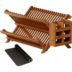 Greenual Teak Dish Drying Rack with Utensil Holder, 2 Tier Collapsible Dish Rack, Wooden Dish Racks for Kitchen Counter, Folding Drying Holder with Absorbent Dish Drying Mat