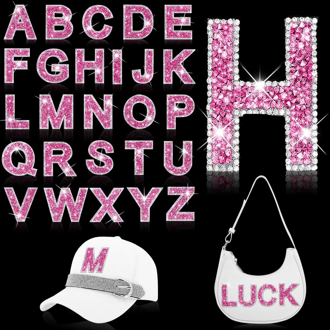26Pcs Rhinestone Iron on Letters Patches 6.5cm Iron on Rhinestone Letters Bling Glitter A-Z Alphabet Applique Letters Iron on Patches for Clothes Bag Pants Shoes Cellphone Decor DIY Crafts (Rose Red)