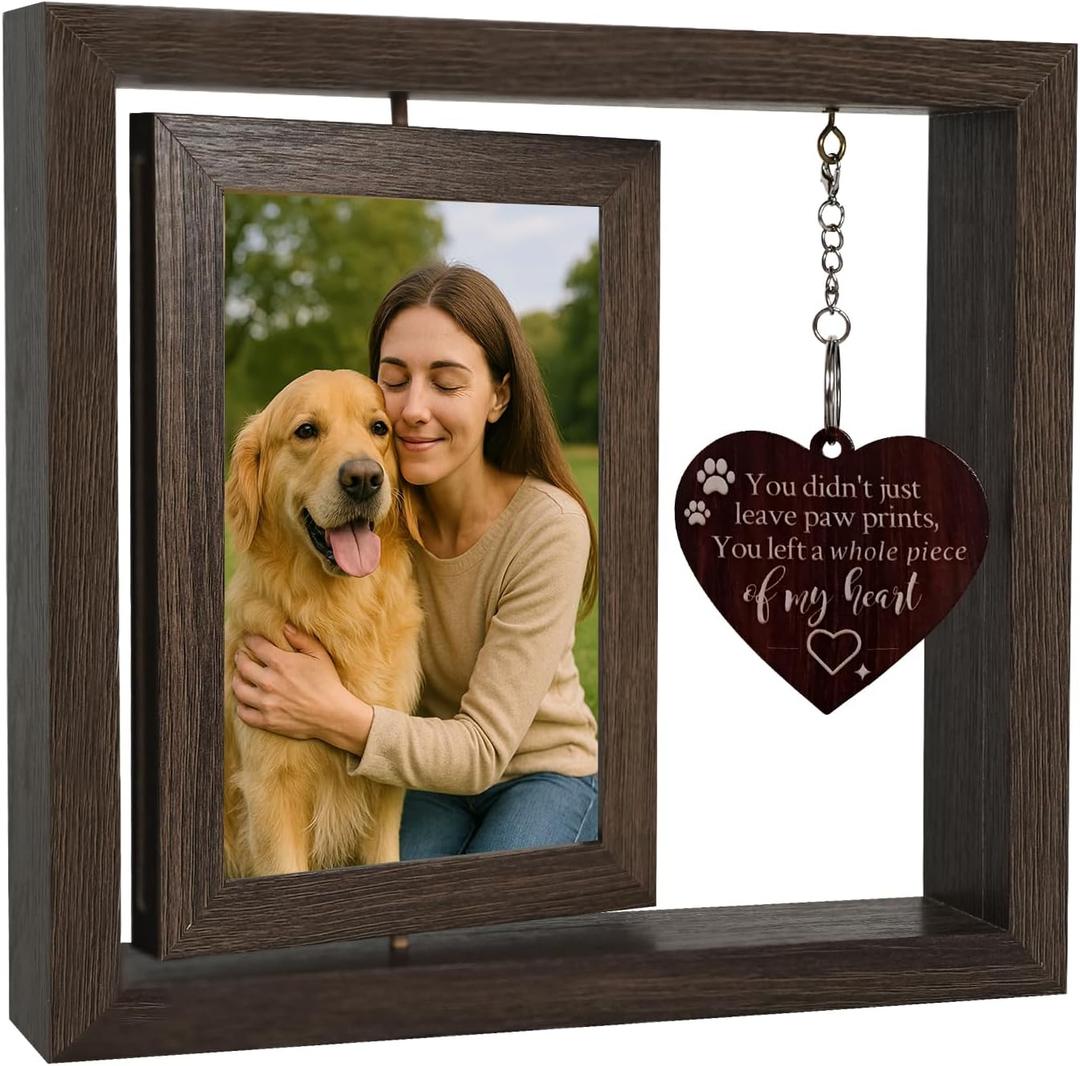 Pet Memorial Gift for Dogs and Cats  Rotating Wooden Picture Frame for 4x6 Photos  Loss of Dog Sympathy Gift, Pet Loss Remembrance Bereavement Keepsake (you left a whole piece of my heart)