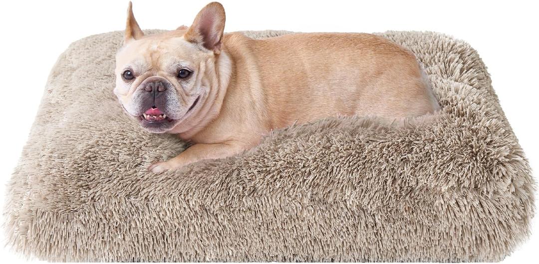 EHEYCIGA Fluffy Dog Crate Bed for Medium Dogs, Plush Faux Fur Pet Crate Pad, Calming Anti Anxiety Medium Pet Bed, Washable Soft Warm Dog Mat with Non-Slip Bottom, Taupe (29.5 x 20)