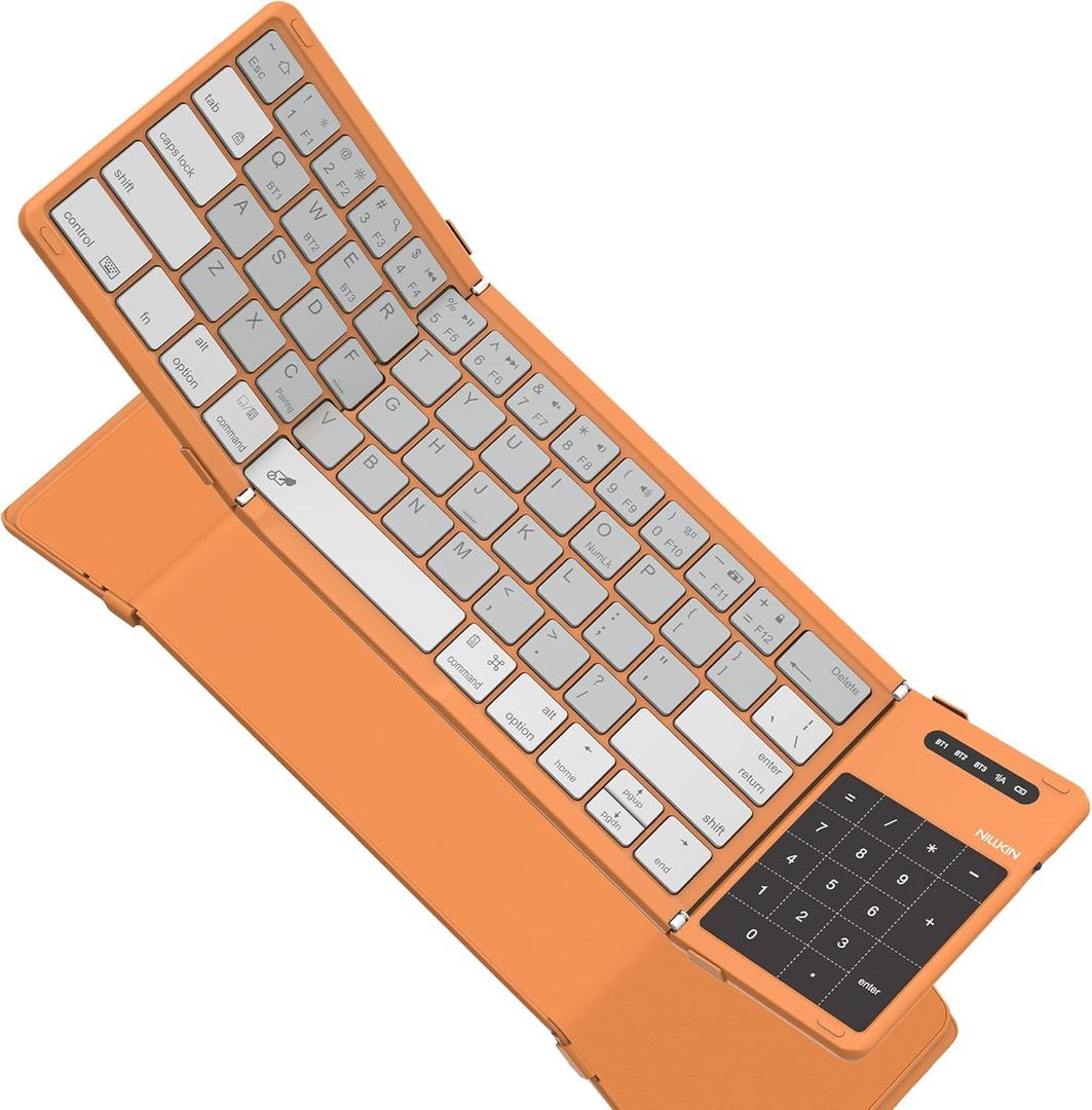 Nillkin Foldable Travel Keyboard with Touchpad & Number Pad, Bluetooth Wireless Portable Folding Full Size Keyboard with Trackpad for PC Laptop iPad Tablets Smartphone, Silicone Leather Cover, Orange