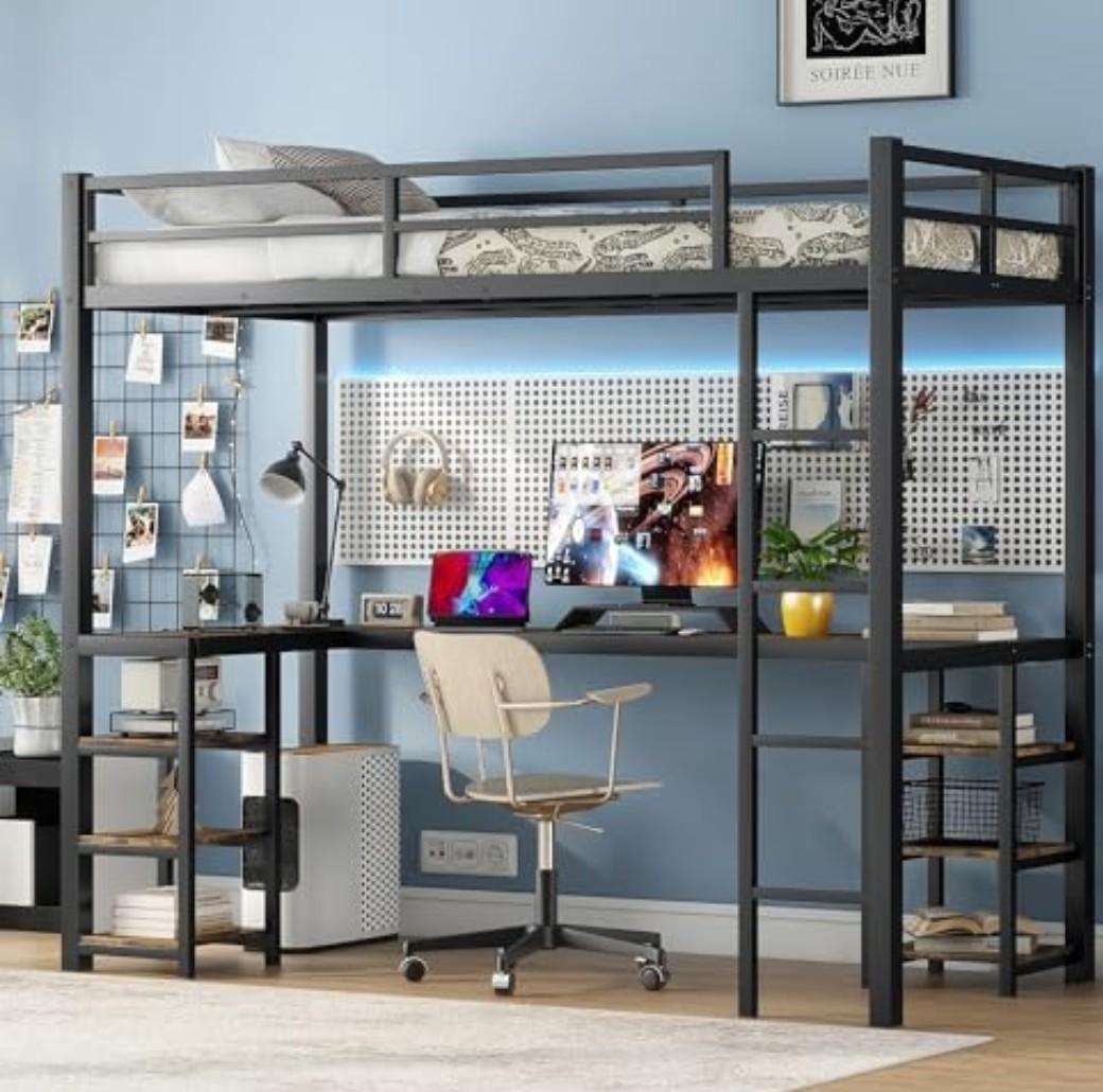 KEIKI Twin XL Metal Loft Bed with Desk & Six Storage Shelves, Sturdy Metal Bed Frame with Ladder & Safety Guardrails, No Box Spring Needed, Perfect for Dorm, Bedroom, Guest Room, Black