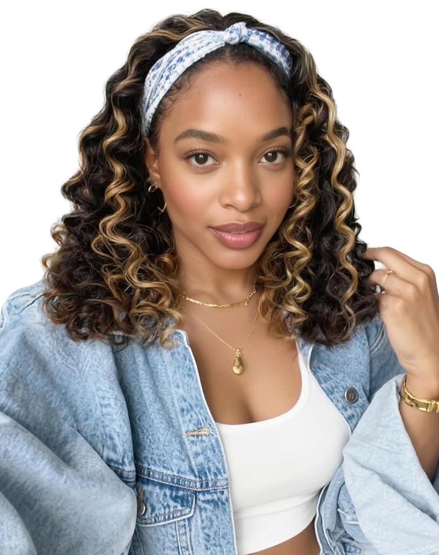 QUEENTAS 14 Inch Deep Wave Curly Headband Wig, #4/27 Brown with Honey Blonde Highlight for Black Women, Glueless Wear and Go Shoulder Length Bob Wig, Synthetic Beginner-Friendly Hair