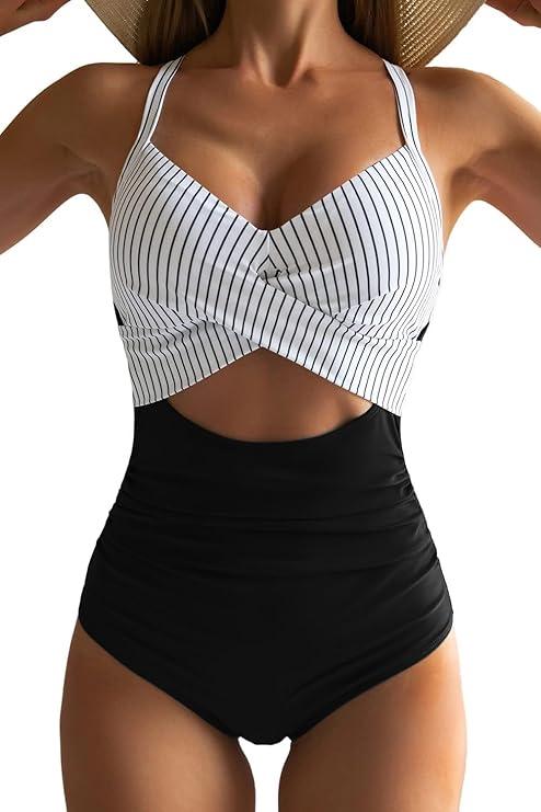 Eomenie Women's One Piece Swimsuits Tummy Control Cutout High Waisted Bathing Suit Wrap Tie Back 1 Piece Swimsuit, M