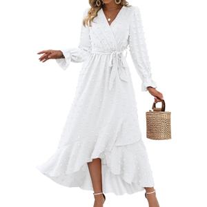 BTFBM Womens Boho Cocktail Maxi Dress Fall Fashion 2025 V Neck Long Sleeve Swiss Dot Flowy Slit Wedding Guest Dresses (XX-Large)