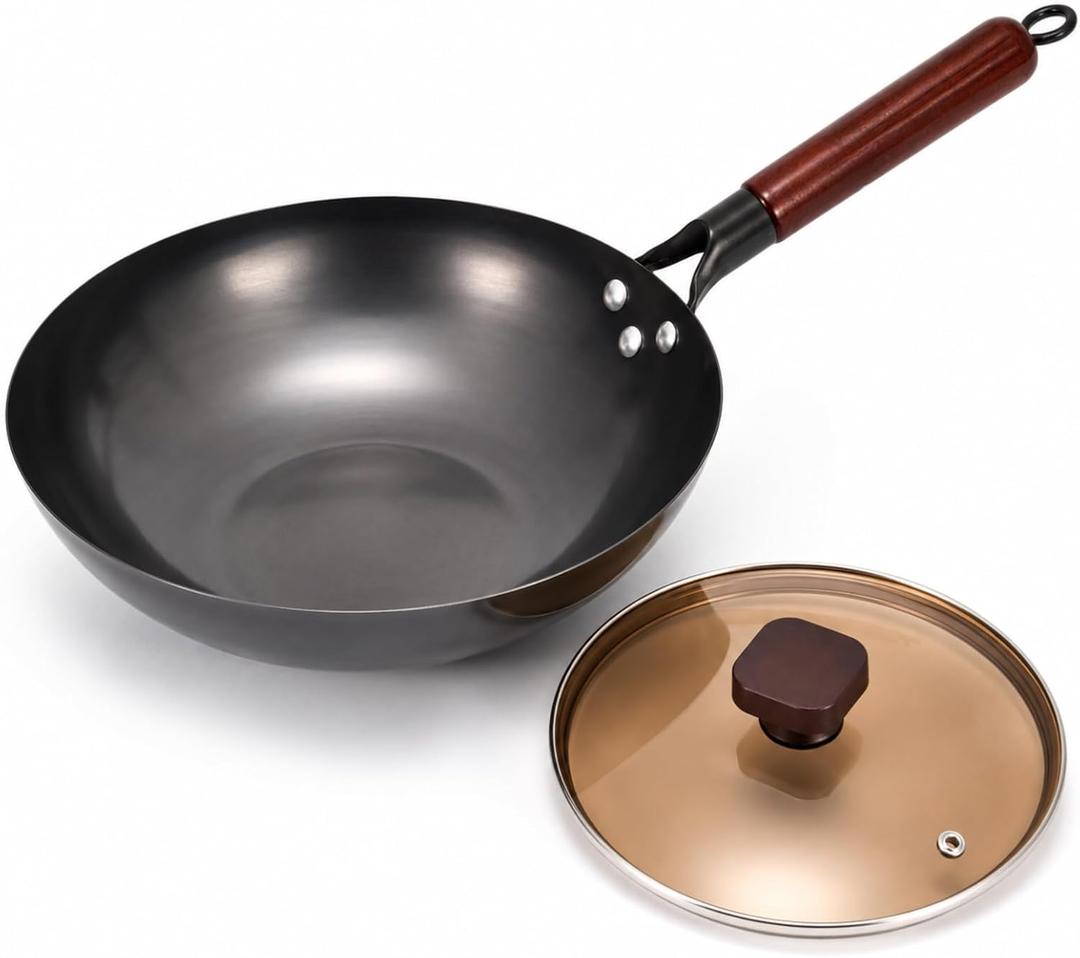 Calmabode 13 Large Flat Bottom Carbon Steel Wok with Glass Lid | Large Deep Wok, Pre-Seasoned Nitrided Carbon Steel, Amber Glass Lid, Ideal for Big Family Stir-Fry, Frying and Hearty Meals