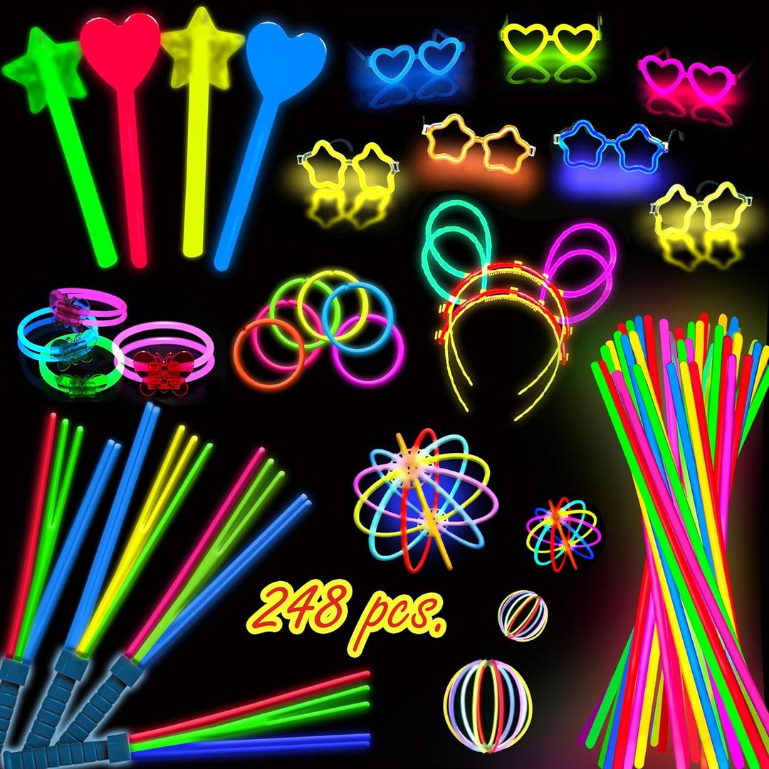 248 PCS Glow Sticks Halloween Party Pack - 100 Pcs 8 Inch Glow sticks, 6 Pcs Glow Sticks Wands  Create Glow In The Dark Necklaces, Bracelets. Neon Light Sticks Decoration For Parties Favors Glow