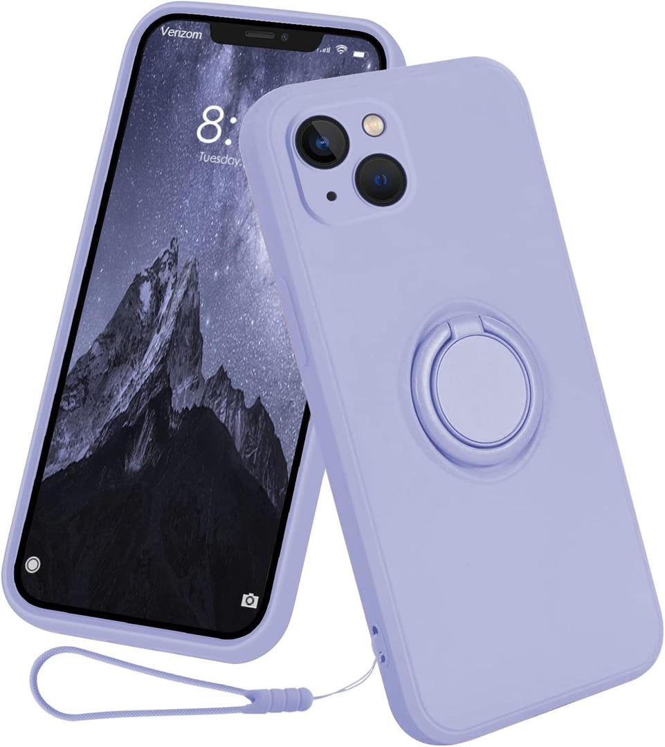 13peas Case for iPhone 14 (2022 Released), Silicone case with Ring 360rotatable Kickstand Cover Support Magnetic Car MountProtective Cover with Strap Lanyard (Lavender)