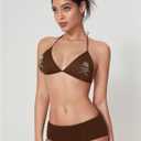 WDIRARA Women's Goth Skull Triangle Halter Bikini Top Rhinestone Tie Back Swimsuit Tops Swimwear (Brown, L)