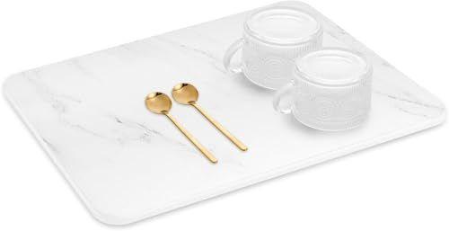 Large Stone Dish Drying Mats for Kitchen Counter, 23.15"(L)×15"(W), Super Absorbent Quick Dry Dish Drying Mat, Eco-Friendly Diatomaceous Earth Mat with Non-Slip Pad for Bottles Dishes (White Marble)