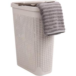 Mind Reader Slim Laundry Hamper with Lid, 40L Clothes Basket, Narrow Tapered Design with Ventilated Cutout Pattern, Plastic, Ivory, Single