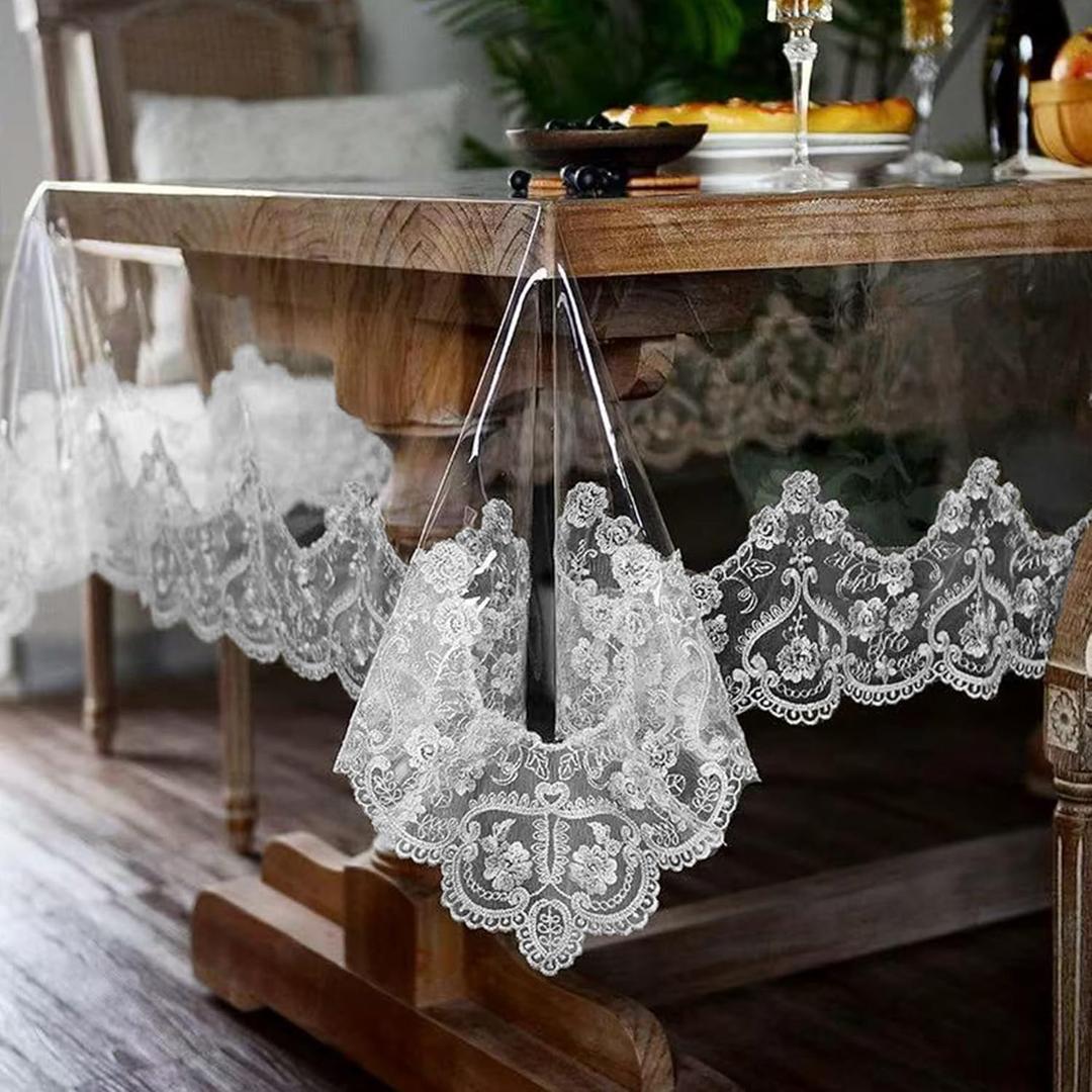 Clear Vinyl Tablecloth Protector Transparent PVC Lace Border Plastic Waterproof Oil-Proof Rectangle Table Cover for Kitchen Home Dining Holiday Decoration (White, 60 x 120 Inch)