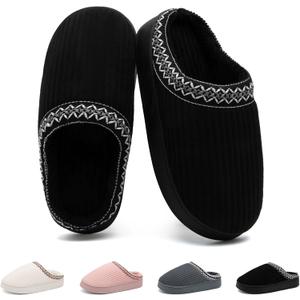 Harxxitd Slippers for Women&Men with Memory Foam Corduroy Closed Toe House Shoes Ladies Winter Warm Comfy Bedroom Women's Slipper Indoor and Outdoor Slip-on Rubber Sole (8-9 Women/7-8 Men, Black)