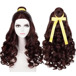 Brown Long Curly Wigs with Ponytail Cosplay Costume Wave Wig Yellow Ribbon Halloween Cosplay + Cap