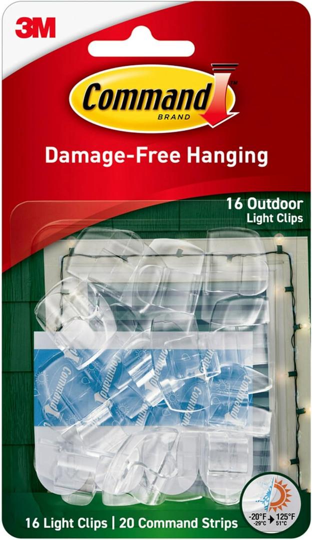 Command Outdoor Light Clips, 4 Pack of 16 Clear Clips and 20 Command Strips, Damage Free Hanging Light Clips with Adhesive Strips, Wall Clips for Hanging Outdoor Lights and Cables Outside (64 Clips)