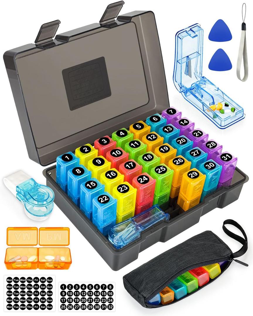 Monthly Pill Organizer 2 Times a Day  Yonlog Large Medicine Box with Weekly Travel Bag, Pill Cutter, Easy-Open Pick, Pill Taker Tool, and 2 Medication Stickers (Black, 2 Times a Day)