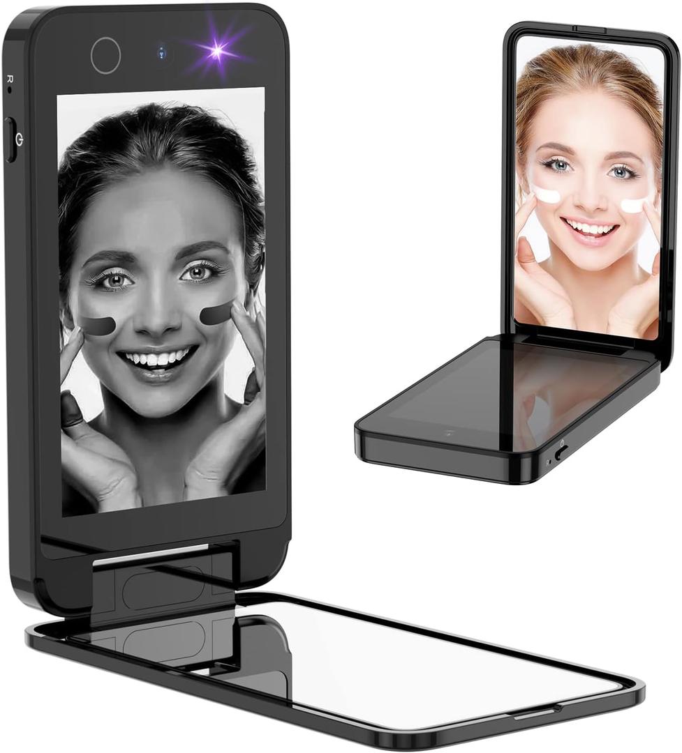 UV Camera for Sunscreen Test UV Mirror Sunscreen Camera, 4 Inch Vanity Mirror Rechargeable Compact Travel Makeup Mirror Handheld Double-Sided Pocket Mirror for Skin Protection(Dark Black)
