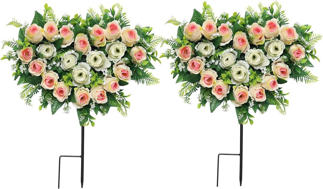 Lodou 2 Sets Artificial Cemetery Flowers, Grave Memorial Flowers with Ground Spike,Heart Shaped Wreaths Rose for Artificial Rose Decoration for Cemetery Headstones Gravesites (Beige)