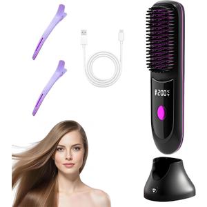 Go Brush Pro Hair Cordless Straightener, Cordless Hair Straightener with Charging Base, Type-C Charging, 20s Fast Heat, with 3 Temperature Settings, Mini Hair Straightening Brush for Travel (Black)