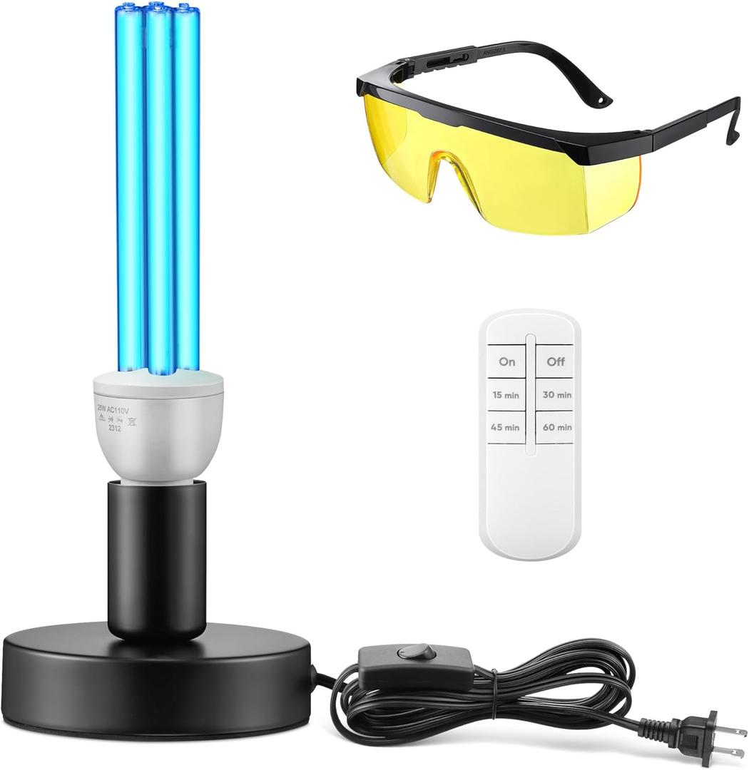 Qualirey 25 Watt UV Light, UVC Lights with E27 Metal Base and Remote Control and UV Protection Glasses, UVC Light Bulb for Basement/Bedroom/Kitchen(with Ozone)