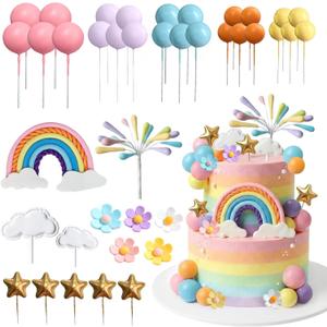 Rainbow Cake Topper 39pcs Rainbow Cake Decorations with Pastel Balls Topper Daisy Flower Cupcake Decroation,Boho Party Decorations for Groovy Hippie Birthday Wedding Baby Shower Cupcake Decorations