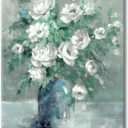 UTOP-art Floral Canvas Wall Art Painting White Rose Flower Green Leaves Hand Painted Texture Picture Artwork For Bedroom Plant Wall Decor Bathroom Walls Office(18'' x 24'' x 1 Panel)