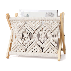Mkono Macrame Magazine Rack Boho Storage Holder Standing Basket for Books, Newspapers, Swaddle Blanket, Dorm Essentials, Living Room, Bathroom, Office, Nursery, Home Decor, Small Size, 11.2”L x 7.5”W