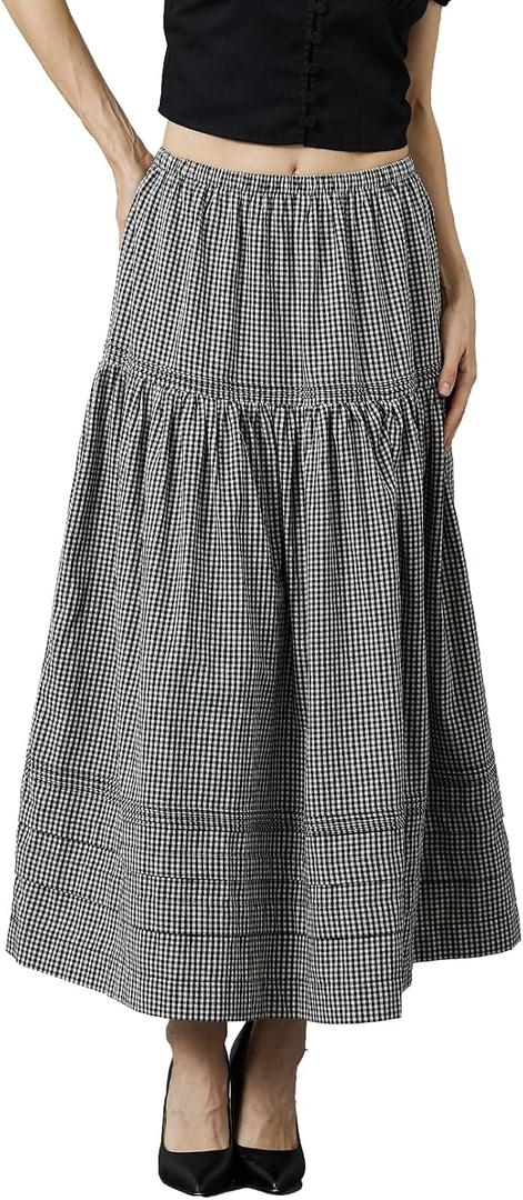 100% Cotton Women White Maxi Skirt Elastic Waist Peasant A Line Flowy Swing Lace Skirt Dress No Lining (M)
