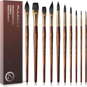 Watercolor Brushes Professional, Fuumuui 10Pcs Synthetic Squirrel Hair Water Color Paint Brush Set for Artists - Flat, Round Pointed, Dagger, Cats Tongue Oval Wash for Watercolor Gouache Inks Painting (Brown)