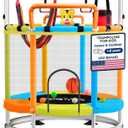 Trampoline for Kids with Safety Enclosure Indoor and Outdoor mini Trampoline for Kids Anti Rollover Round Base Double Safety Handles 220 lbs Capacity ASTM Tested Easy Assembly Gift
