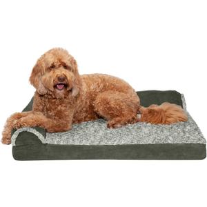 Furhaven Orthopedic Dog Bed for Large/Medium Dogs w/ Removable Bolsters & Washable Cover, For Dogs Up to 55 lbs - Two-Tone Plush Faux Fur & Suede L Shaped Chaise - Dark Sage, Large