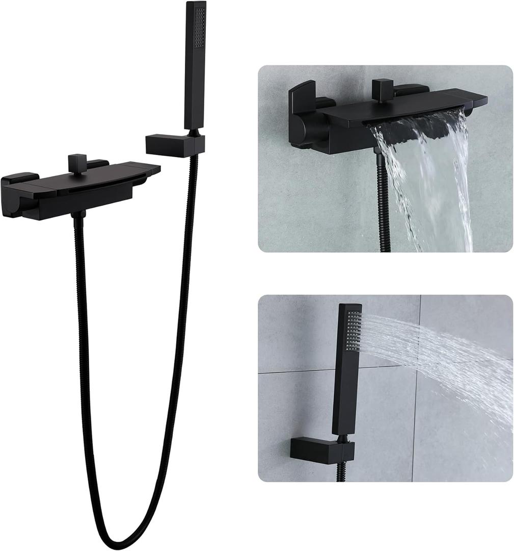 Wall Mount Tub Filler Matte Black Waterfall Tub Faucet with Sprayer, Brass Bathtub Wall Faucets with Hand Shower, High Flow Tub Spout, Bath Tub Faucet Set 2 Handles - JIAENLEMA Wall Mount Tub Filler Matte Black Waterfall Tub Faucet with Sprayer, Brass Bathtub Wall Faucets with Hand Shower, High Flow Tub Spout, Bath Tub Faucet Set 2 Handles - JIAENLEMA