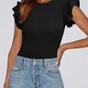 KIRUNDO Summer Sweaters for Women Lightweight 2025 Fall Ruffle Short Sleeve Business Casual Tops Slim Soft Knit T Shirts(Black, X-Large) (Black, XL)