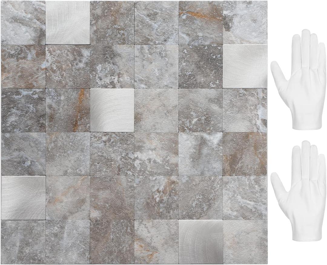 STICKGOO Stick on Backsplash for Kitchen, PVC Mixed Metal Backsplash Tile for Kitchen Peel and Stick (10 Sheets, Grey) (Gray)