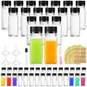 100Pcs 2oz Juice Shot Bottles with Caps, Reusable Square Plastic Containers with Lids, Mini Clear Ginger Shots Bottles Juice Bottle with Funnels & DIY Stickers for Liquids, Beverages, Milk