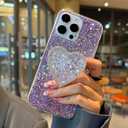 Bling Case for iPhone 15 Pro Max Cover, Women Girl Cute Glitter Shockproof Protective Phone Case with Sparkle Love Ring Stand Holder Kickstand (Purple)