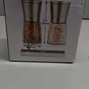 LessMo Salt and Pepper Grinder Set with Wooden Standing Tray, Refillable Pepper Mill Set - Brushed Stainless Steel - Short Glass Shakers with Adjustable Coarseness for Peppercorn, Salt or Spice Mills