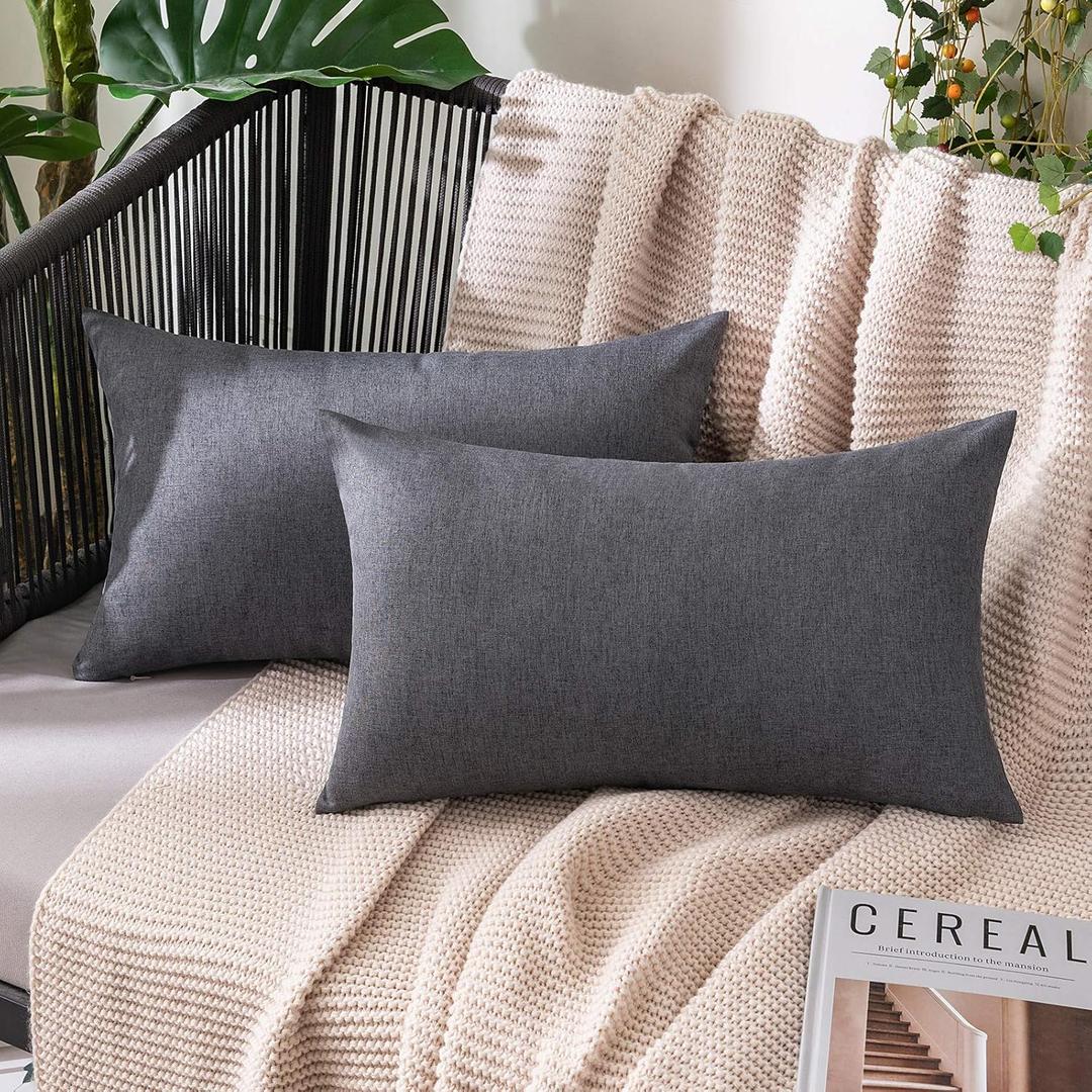 MIULEE Pack of 2 Decorative Outdoor Solid Waterproof Throw Pillow Covers Faux Linen Garden Farmhouse Cushion Cases for Patio Tent Balcony Couch Sofa 20x12 Inch Dark Grey