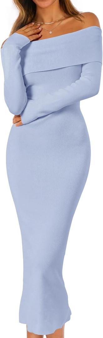 MEROKEETY Women's Fall Off Shoulder Bodycon Sweater Dress Formal Long Sleeve Elegant Club Party Midi Maxi Dresses (Medium, Blue)