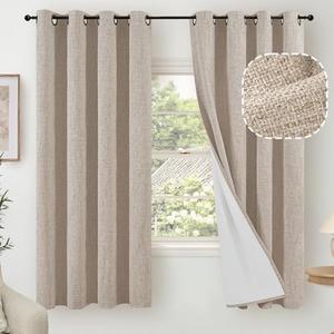 Lajode Beige 100% Blackout Curtains for Bedroom 63 Inch Length 2 Panels, Thermal Insulated Complete Light Blocking Noise Reducing Linen Window Curtains for Nursery, Bronze Grommet, Each 52" Wide 2 Panels