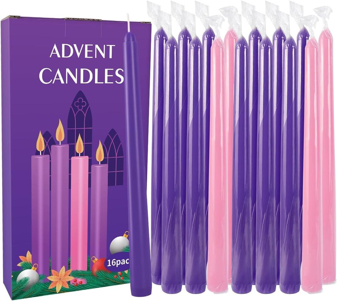 16-Pack Christmas Advent Candles (12 Purple & 4 Pink), 10 Inch Taper Candles for Holiday Decor - Unscented, Dripless & Long-Lasting for Church, Christmas, Weddings and Table Centerpieces