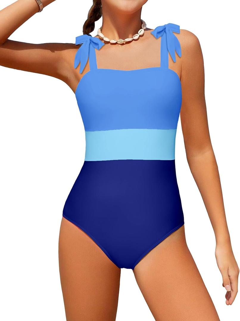 Girls Swimsuit One Piece Casual Color-Block Adjustable Straps Girls Bathing Suit Swimwear 9-16T (Blue, S)